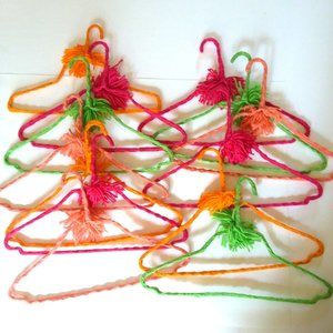 13 VTG 70s Crocheted Hangers Pom Poms Handmade Metal Boho Retro Granny Knit